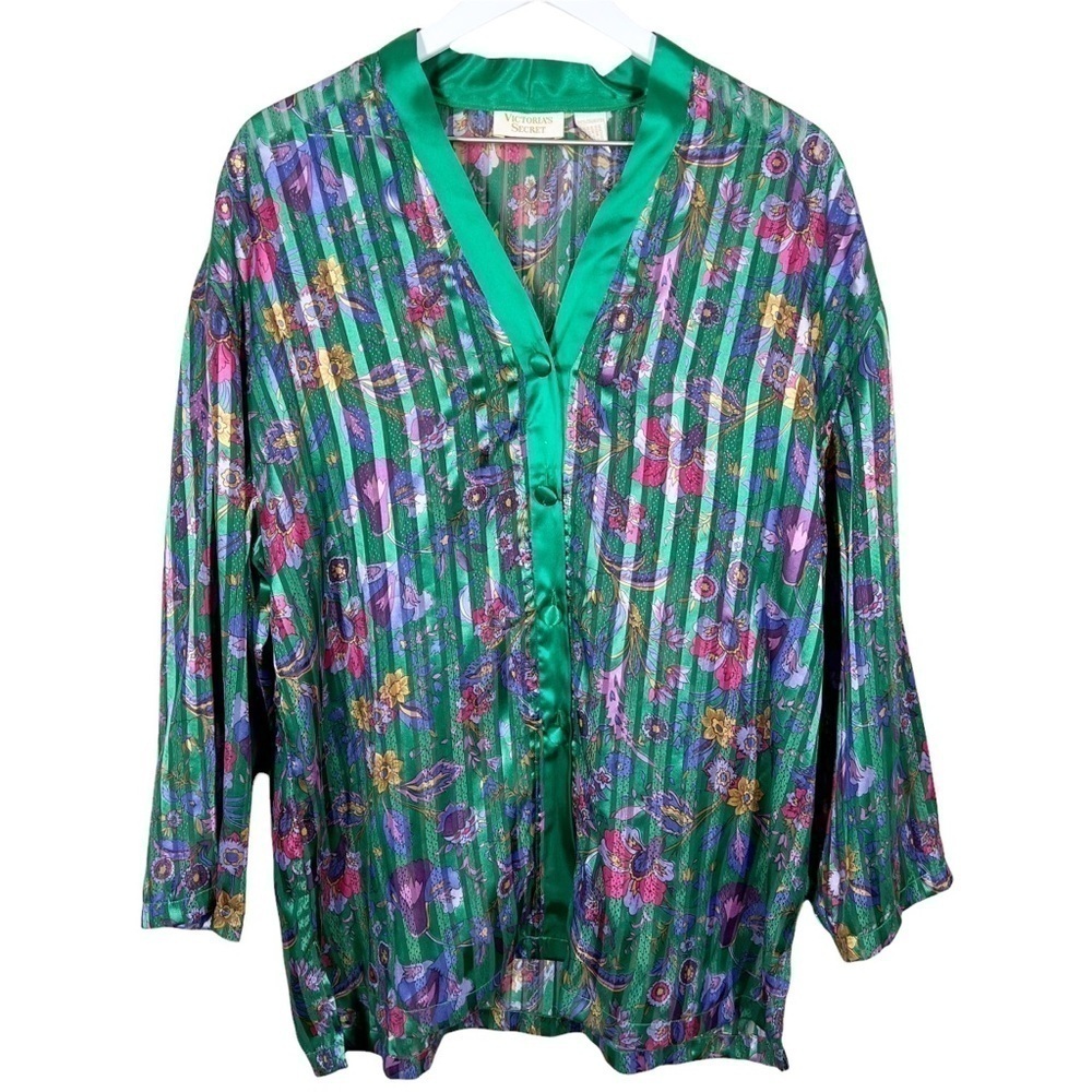 Victoria’s Secret Vintage Gold Label Floral Print Stripe Satin Pajama Shirt